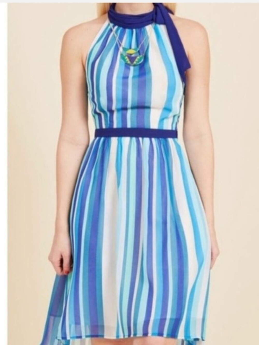 Modcloth Lined Halter Backless Striped Midi Dress-Monochromatic Blue/White-L - Picture 11 of 11